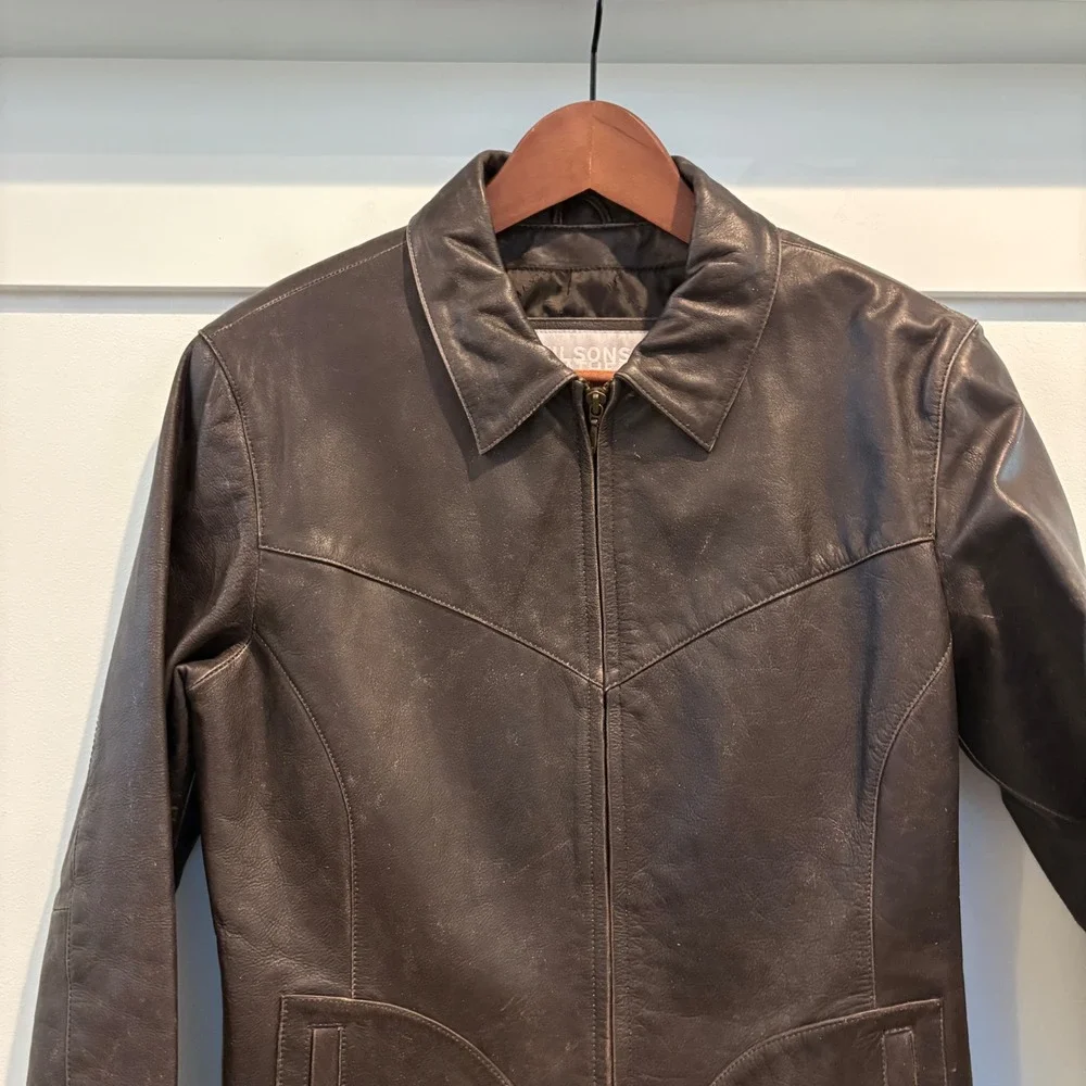 Vtg y2K Wilsons Leather Maxima Jacket Large Slim Chocolate Brown Western Moto - Picture 3 of 16